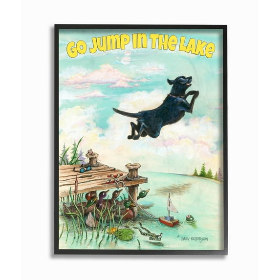 Go Jump In The Lake Funny Cartoon Pet Dog Design Framed Giclee Texturized Art by Gary Patterson