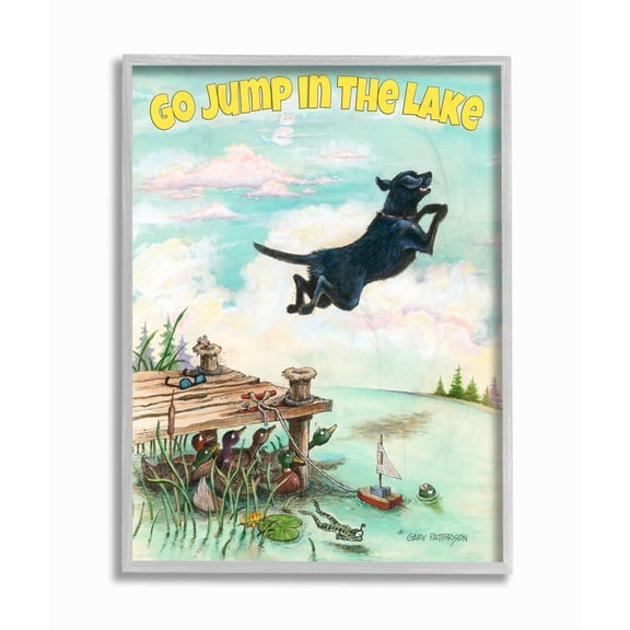 Go Jump In The Lake Funny Cartoon Pet Dog Design Gray Farmhouse Rustic Framed Giclee Texturized Art by Gary Patterson