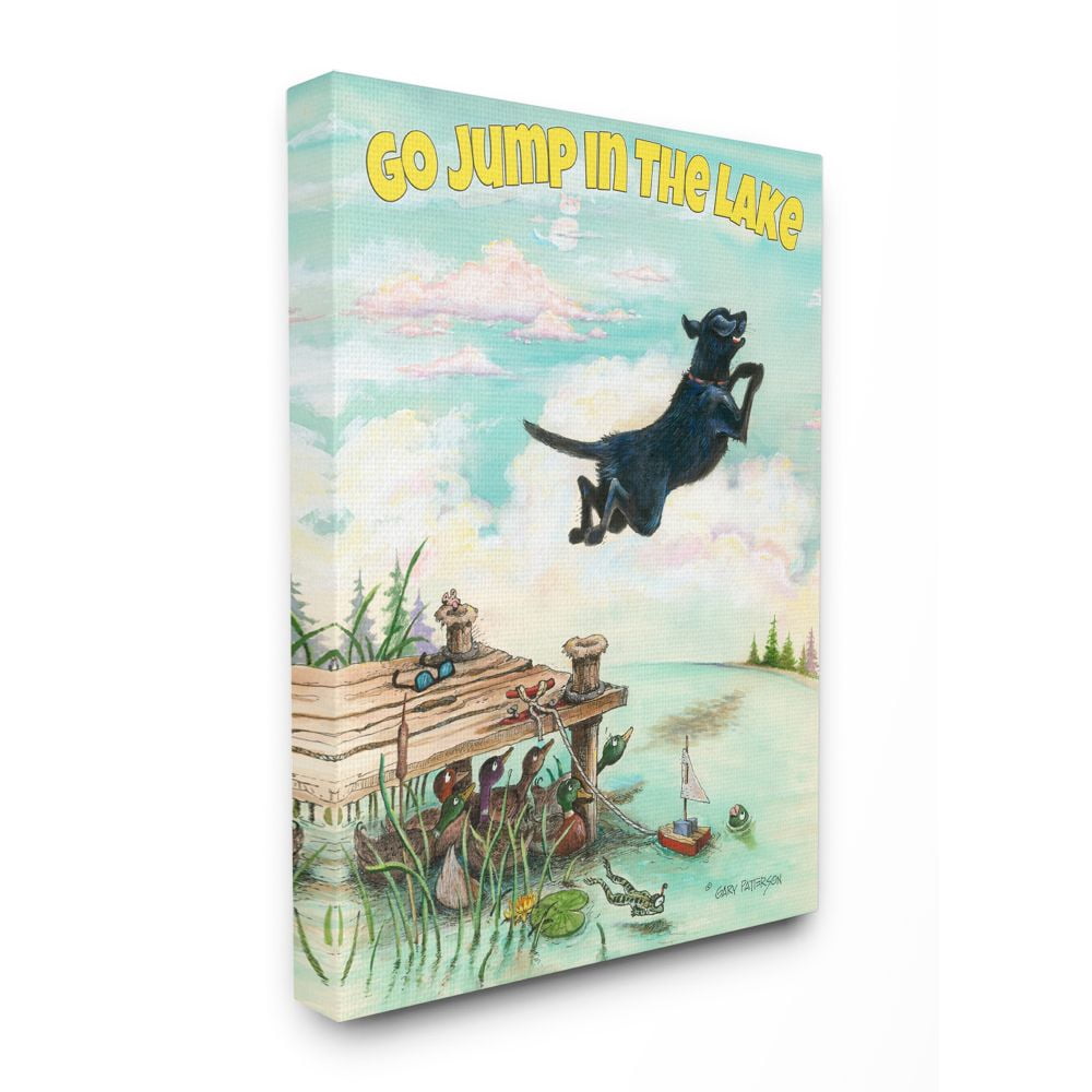 Go Jump In The Lake Funny Cartoon Pet Dog Design Super Oversized Stretched Canvas Wall Art by Gary Patterson