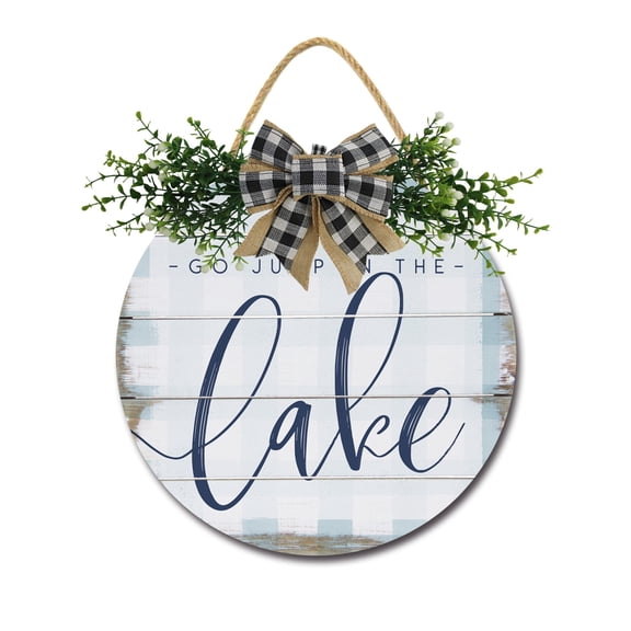 Go Jump In The Lake Front Door Sign Funny Wreaths Hanging Wooden Plaque Decoration Round Rustic Wood Farmhouse Porch Decor for Home Front Door Decor, 11 x 11 Inch