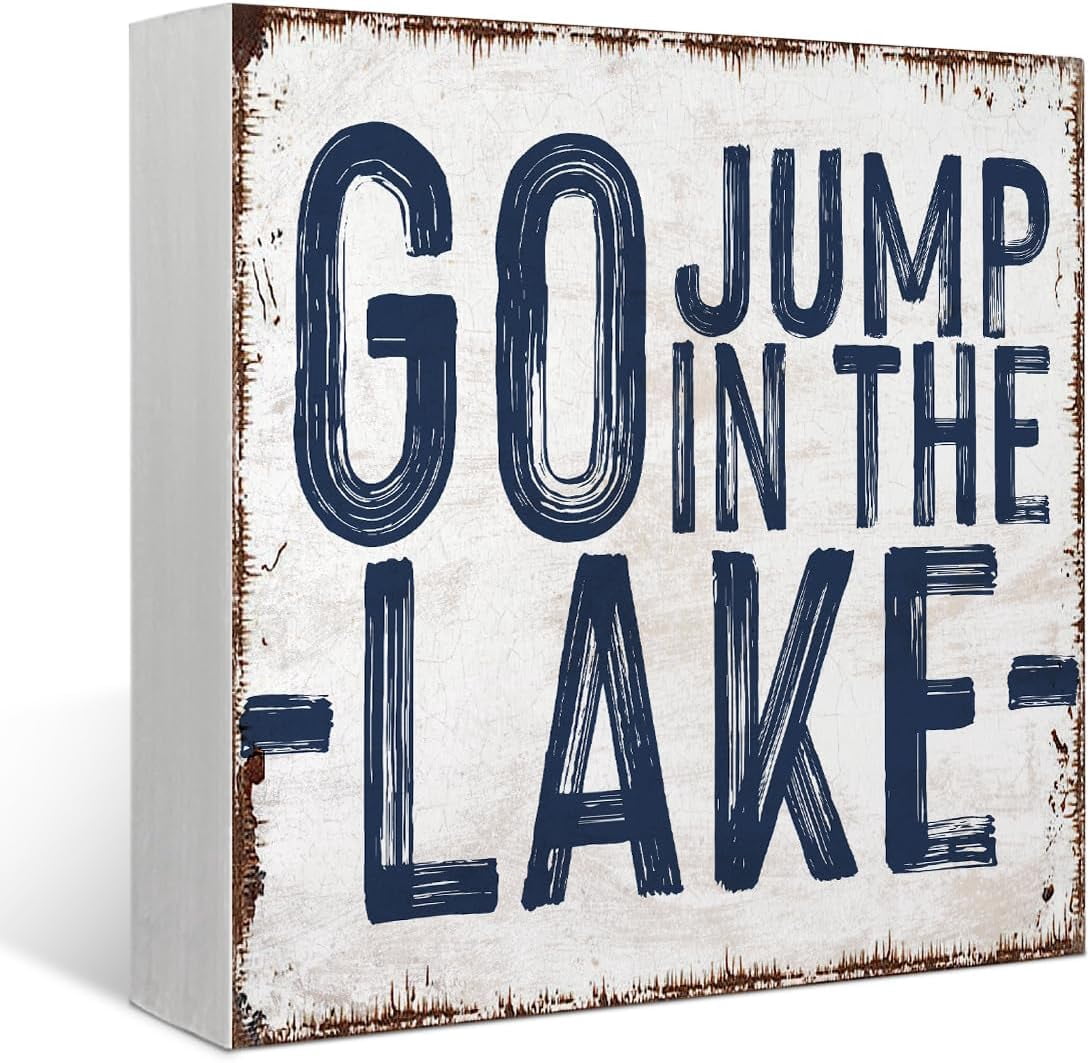 "Go Jump In The Lake" Rustic Farmhouse Wood Wall Sign - 12x15 Inch Birch, Pre-Framed Decor