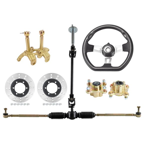 Go Kart 4 Stud Front Wheel Rim Hubs with Bearings Assembly, Steering Knuckle Spindle, Steering Wheel, Disc Brake Rotor, Gear Rack Pinion Shaft Kit for Quad ATV Golf Cart Drift Trike Quad Moped Buggy