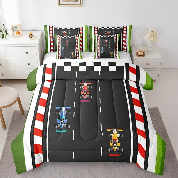 Go Kart Bed in a Bag Queen Comforter Set 7 Piece,Karting Race Cars Bedding Sets Drift Kart Competitive Game Sheet Set with Comforter,Extreme Sport Room Decor