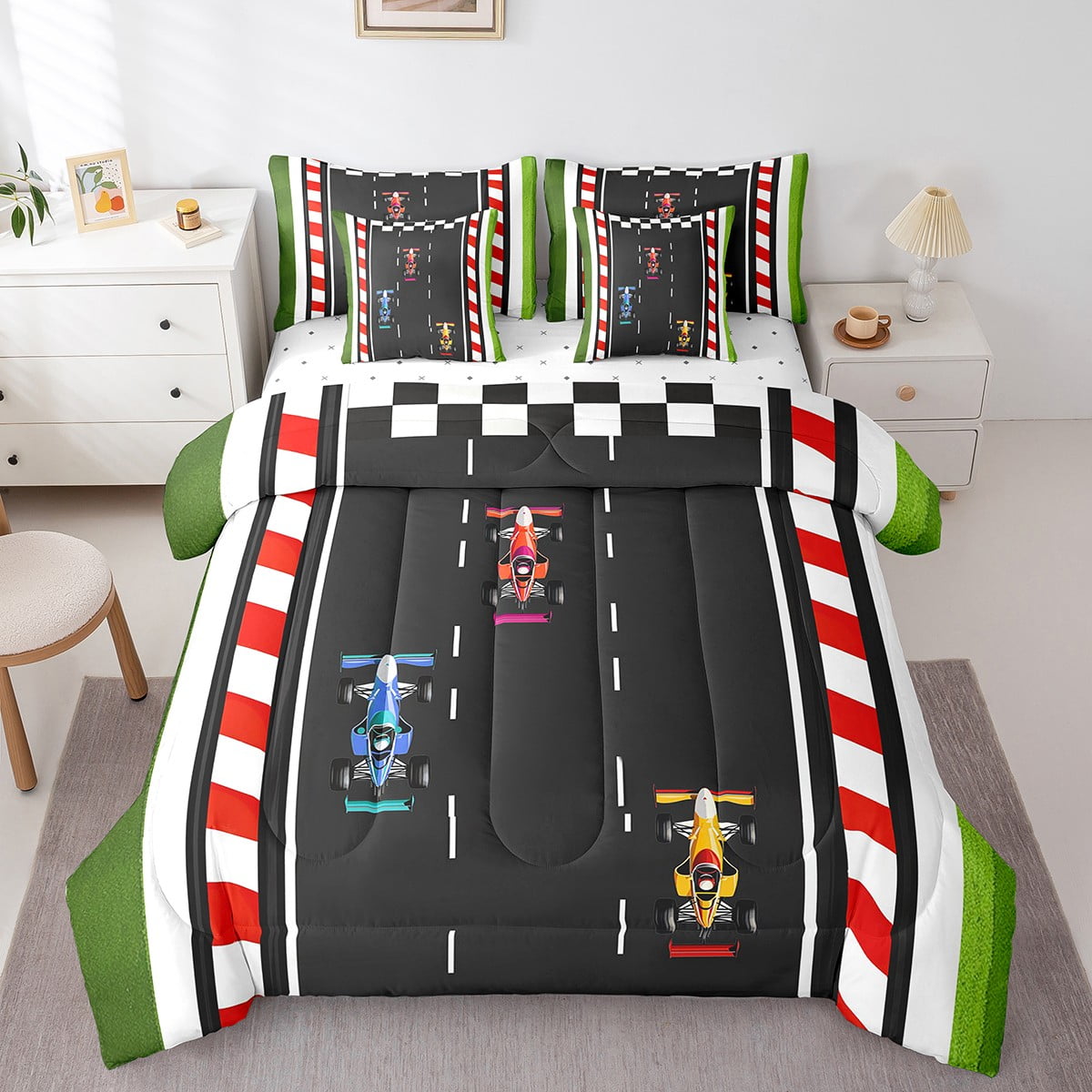 Go Kart Comforter Set 7 Piece Bed in a Bag Twin,Karting Race Cars