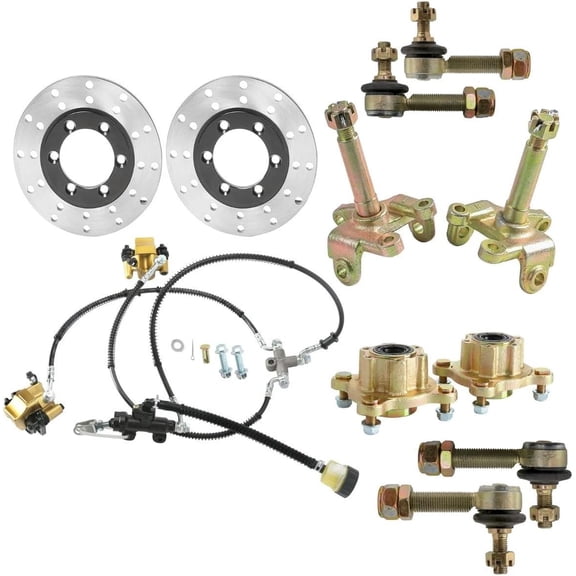 Go Kart Front Steering Spindle Kit w/Foot Brake Assembly 4 Stud Wheel Hubs, Steering Knuckles & Disc Rotors Tie Rod Ends for ATV Quad Buggy Golf Cart Drift Trike 4 Wheelers Mini Bike