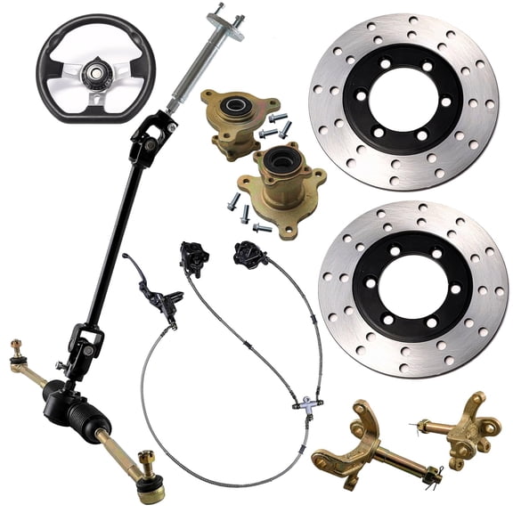 Go Kart Front Steering Wheel Gear Rack Pinion Shaft Brake Rotor Caliper Assembly, Steering Wheel, Wheel Spindles and Hubs for ATV UTV Drift Trike Golf Cart Quad Buggy Dune Four Wheeler DIY