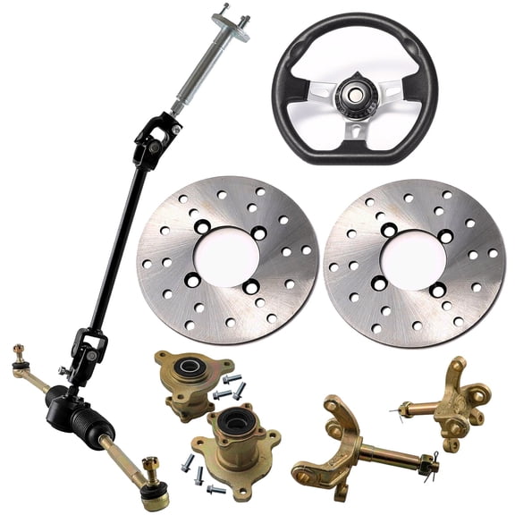 Go Kart Front Steering Wheel Gear Rack Pinion Shaft Kit Steering Wheel 3 Stud Wheel Hubs Spindles Brake Rotor for Four Wheeler Tricycle ATV UTV Drift Trike Golf Cart Quad Moped Buggy Lawn Mower