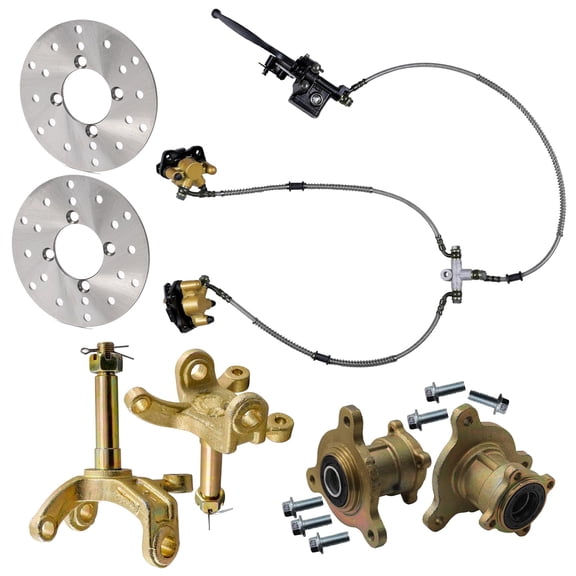 Go Kart Front Twin Brake Caliper Assembly & Front Disc Brake Rotor & 3 Stud Wheel Hubs & Steering Knuckle Spindles for Karting ATV UTV Drift Trike Golf Cart Quad Buggy Four Wheeler Tricycle