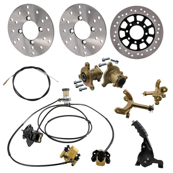 Go Kart Hydraulic Brake Caliper Cylinder Assembly with Front & Rear Disc Rotors, 67" Brake Cable, Brake Lever, Wheel Hubs & Spindles  Fits Karting ATV UTV Drift Trike Quad Buggy Dune