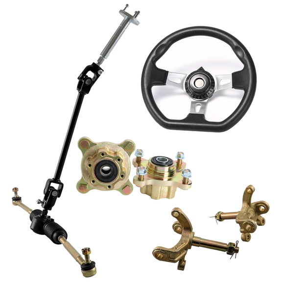Go Kart Steering Wheel Assembly Kit | Includes Steering Wheel, Adjustable Shaft, Tie Rod, Rack, 4 Stud Front Wheel Hubs & Steering Knuckle Spindles | for Dune ATV UTV Drift Trike Golf Cart Buggy Quad