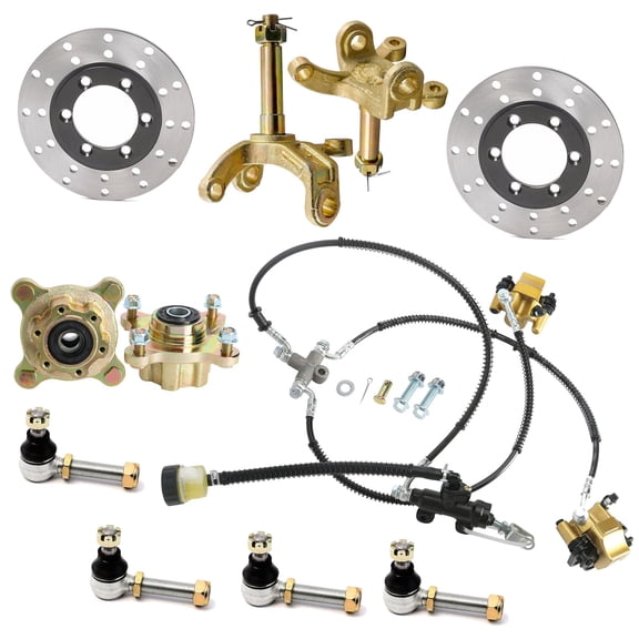 Go Kart Twin Front Brake CaliperAssembly with 130mm Brake Rotor, 4 Stud Wheel Hubs, Front Steering Knuckle Spindles, Tie Rod End Ball Joint for ATV UTV Quad Golf Cart Buggy Four Wheeler