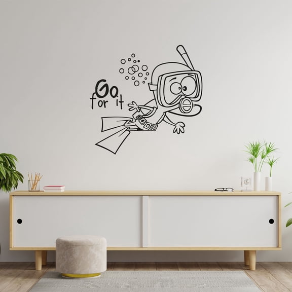 Go For It - Life Motivation Quuote Cute Scuba Diver Drawing Underwater Activity Vinyl Wall Art Wall Sticker Wall Decal Home Kids Pool Area Living Room Boys Girls Wall Decor Design Size (10x10 inch)