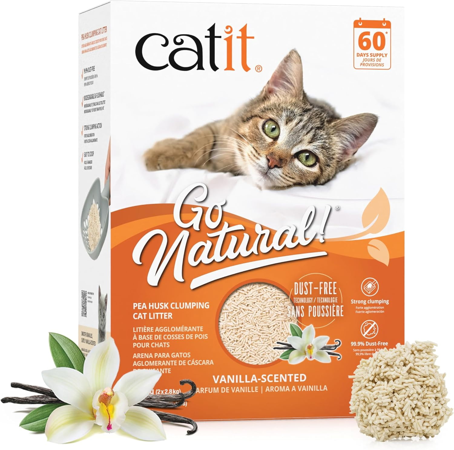 Go Natural Pea Husk Clumping Cat Litter - Lightweight, Dust Free, Easy Cleaning & Scooping, Flushable Kitty Litter with Odor Control & Subtle Fragrance - 12.3 Lbs, Vanilla Scented