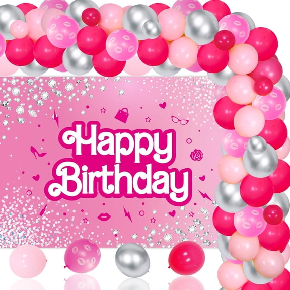 Let's Go Party Pink Doll Birthday Party Decorations Silver& Pink Hot Pink Backdrop Balloon Garland Arch Kit Sequins Hot Pink Princess Birthday Party Decor for Women Birthday Baby Shower Party Supplies
