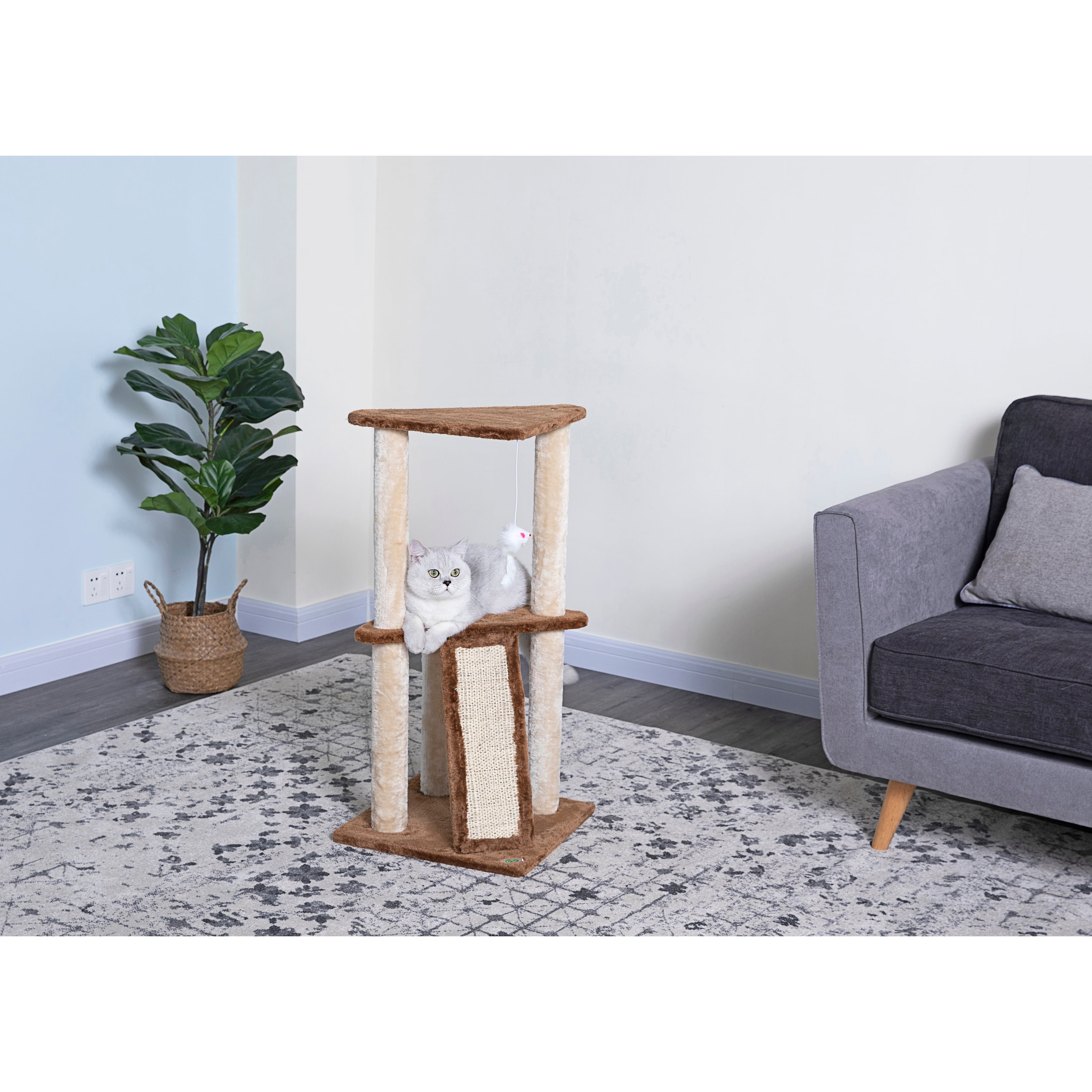 Beige and Brown Sisal Rope Cat Tree with Faux Fur