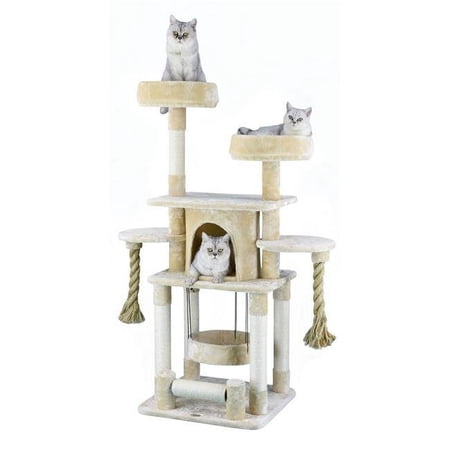 Go Pet Club 57.5 in. Jungle Rope Cat Tree House with Sisal Covered Posts & Two Ropes, Beige
