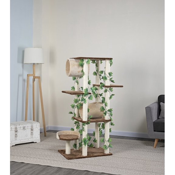 GO PET CLUB 1-Level 58" Cat Tree with Removable Tunnel, Beige and Brown