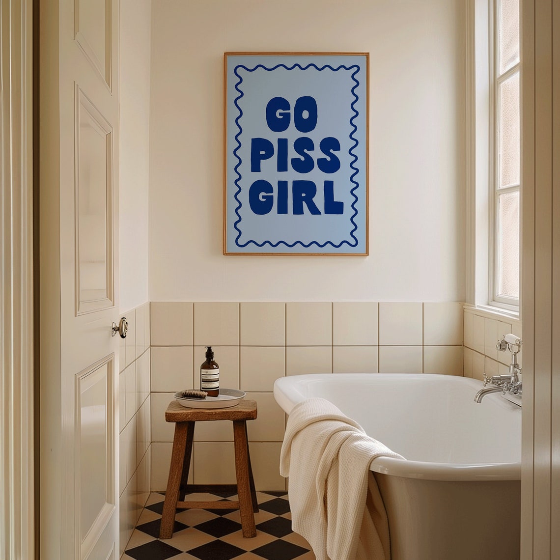 go-piss-girl-art-poster-typography-bathroom-poster-navy-blu-restroom