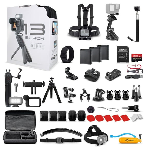 Go Pro HERO13 Black Creator Edition Waterproof Action Camera - Includes Volta (Battery Grip, Tripod, Remote), Media & Light Mod + 64GB Card, 50 Piece Accessory Kit and 2 Extra Batteries