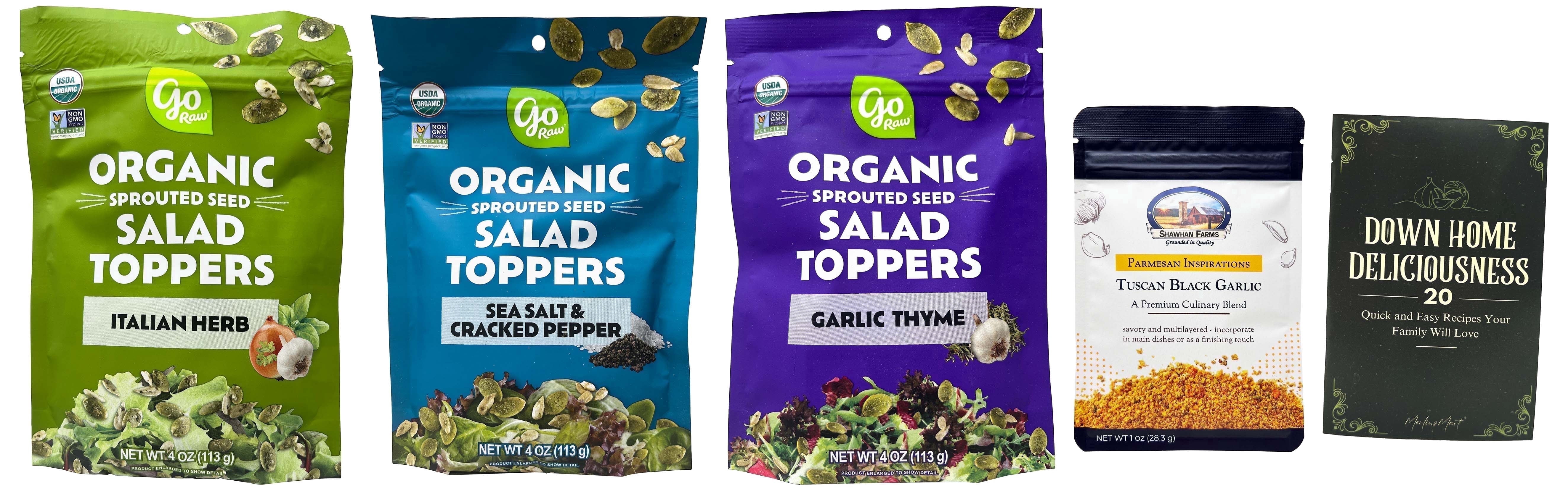 Go Raw Crunchy Salad Toppings Variety 3-Pack | Italian Herb, Sea Salt & Garlic Thyme | 4 oz | MerlinsMart Zine & Shawhan Farms Parmesan
