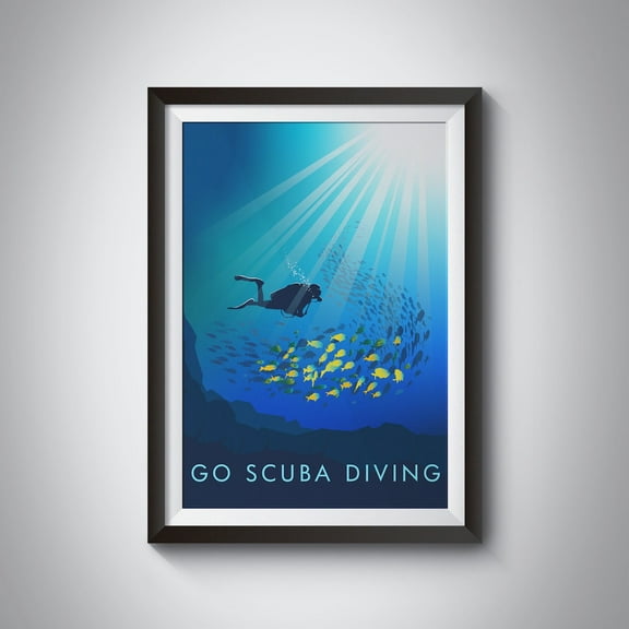 Go Scuba Diving Print, Scuba Diver Travel Poster, Deep Sea Diving Art, Gift For Scuba Diver, Adventure Sports, Snorkelling, Ocean, Vintage Wall Art, Modern Wall Decor, 12x18 UNFRAMED