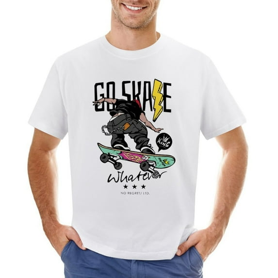 Go Skate Cartoon Skateboard Player Vintage T-shirt Mens Cotton Classic Crewneck Short Sleeve Tees Unisex White 2XL