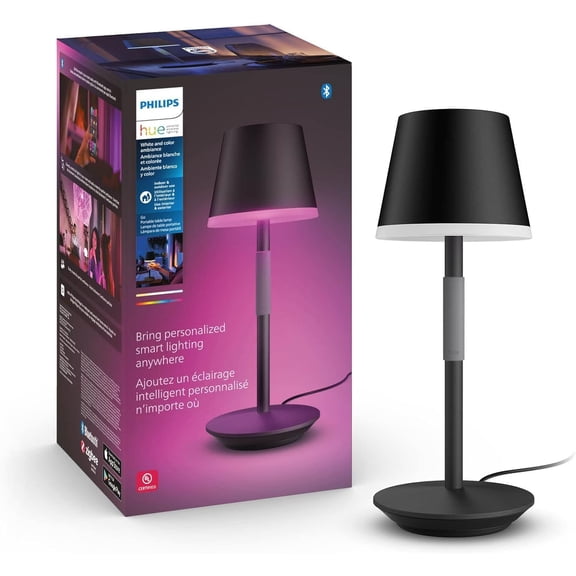 Go Smart Portable Table Lamp, 1 Pack, Black, White and Color Ambiance LED Color-Changing Light, Smart LED Lamp for Indoor and Outdoor Use, Control with Hue App or Voice Assistant