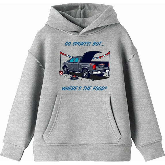 Go Sports! But Where's the Food? Kids Heather Gray Long Sleeve Hoodie-XL