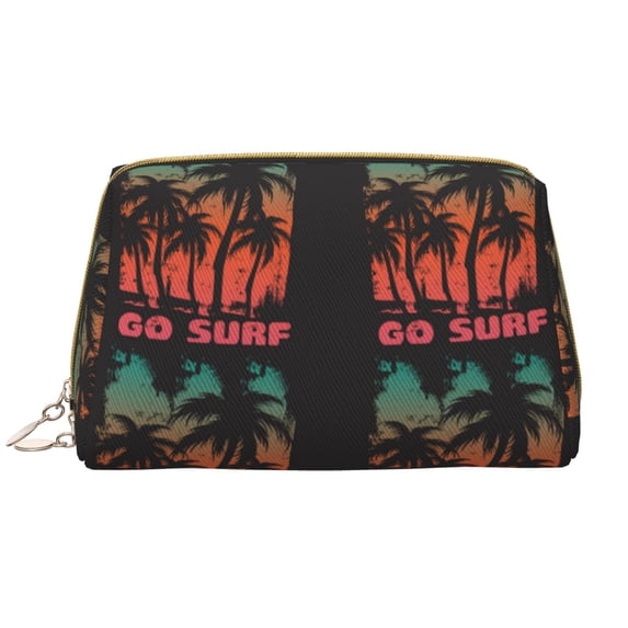Go Surfer Makeup Bag, Large Capacity Travel Cosmetic Bag for Women Girls- Travel Toiletry Bag Leather Portable Waterproof Makeup Case Organizer with Handle