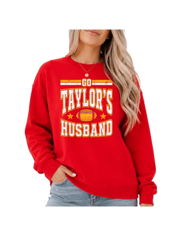 Go Taylor's Husband Sweatshirt for Women & Girls Funny Football Game Day Crewneck Pullover Red Sweatshirt Youth Small