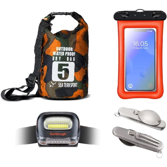 Go-Tough 4 Piece Camping Gift Set - Drybag, Para Cord, Headlamp, Fork/Spoon/Knif