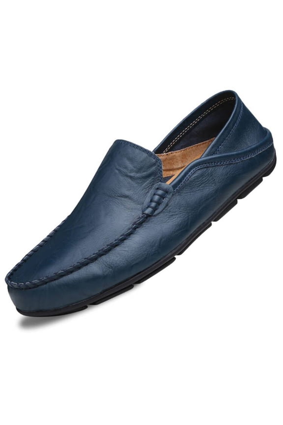 Men's Premium Genuine Hand-made Leather Casual Slip on Loafers Breathable Driving Shoes Fashion Slipper A Blue 9.5/44