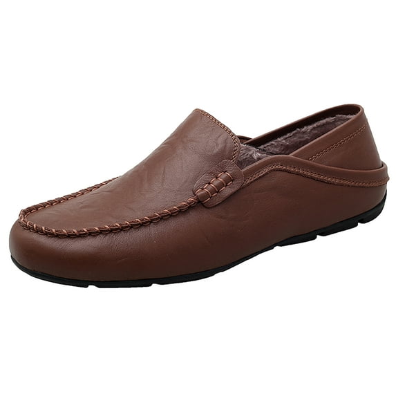 Go Tour Men's Premium Genuine Hand-made Leather Casual Slip on Loafers Breathable Driving Shoes Fashion Slipper C Dark Brown Fur 10.5/46