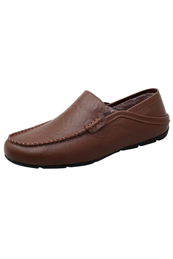 Men's Premium Genuine Hand-made Leather Casual Slip on Loafers Breathable Driving Shoes Fashion Slipper C Dark Brown Fur 13/50