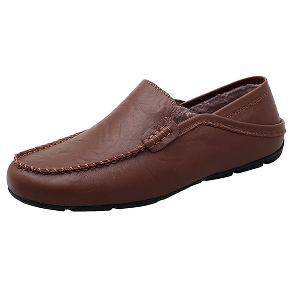 Go Tour Men's Premium Genuine Hand-made Leather Casual Slip on Loafers Breathable Driving Shoes Fashion Slipper C Dark Brown Fur 7.5/40