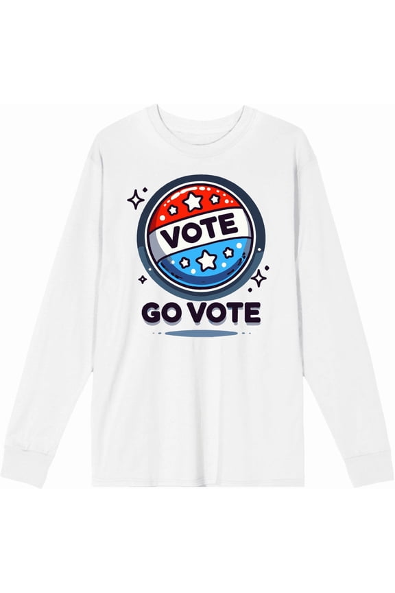 Go Vote Button! Adult White Crew Neck Long Sleeve Tee-Large