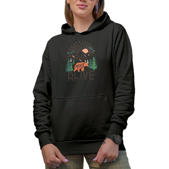Go Where You Feel Most Alive, Bear in the Woods & Nature Adventure Art Merch Gift, Black Hooded Sweatshirt or Hoodie, Small