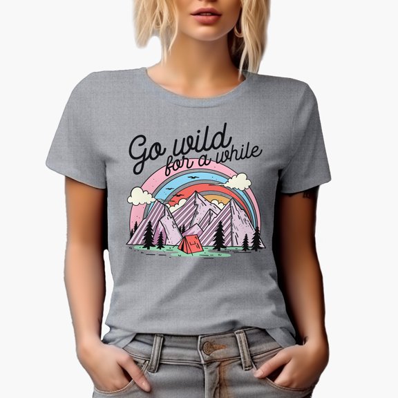 Go Wild for a While Pun Quote with Hand Drawn Camping Art Merch Gift, Heather Grey T-Shirt, Large