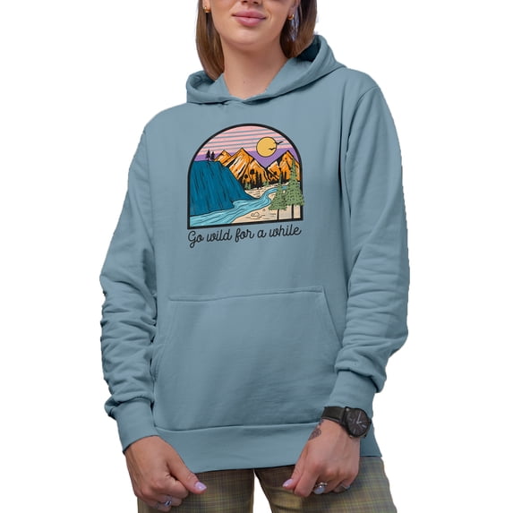 Go Wild for a While with Mountains, River, Nature, Travel & Adventure Themed Art Merch Gift, Light Blue Hooded Sweatshirt or Hoodie, 3XL