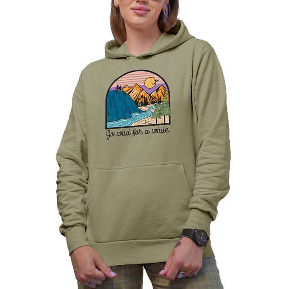Go Wild for a While with Mountains, River, Nature, Travel & Adventure Themed Art Merch Gift, Sand Hooded Sweatshirt or Hoodie, Small