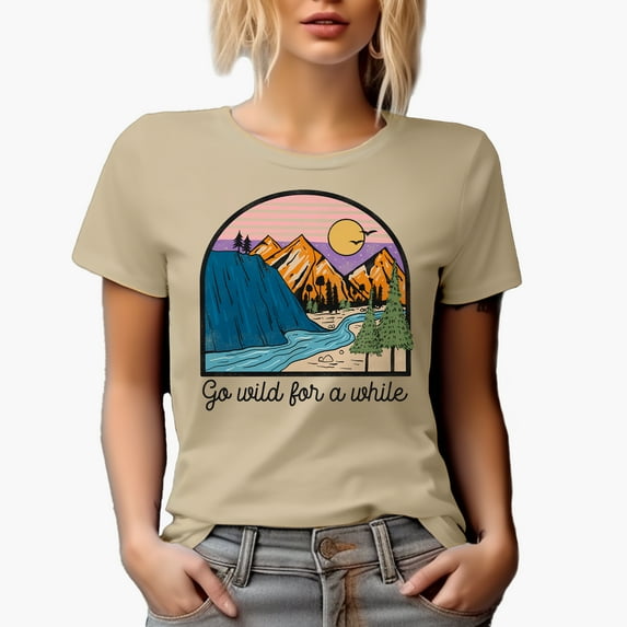 Go Wild for a While with Mountains, River, Nature, Travel & Adventure Themed Art Merch Gift, Tan T-Shirt, Large