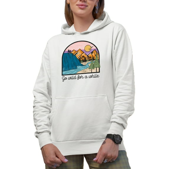 Go Wild for a While with Mountains, River, Nature, Travel & Adventure Themed Art Merch Gift, White Hooded Sweatshirt or Hoodie, 2XL