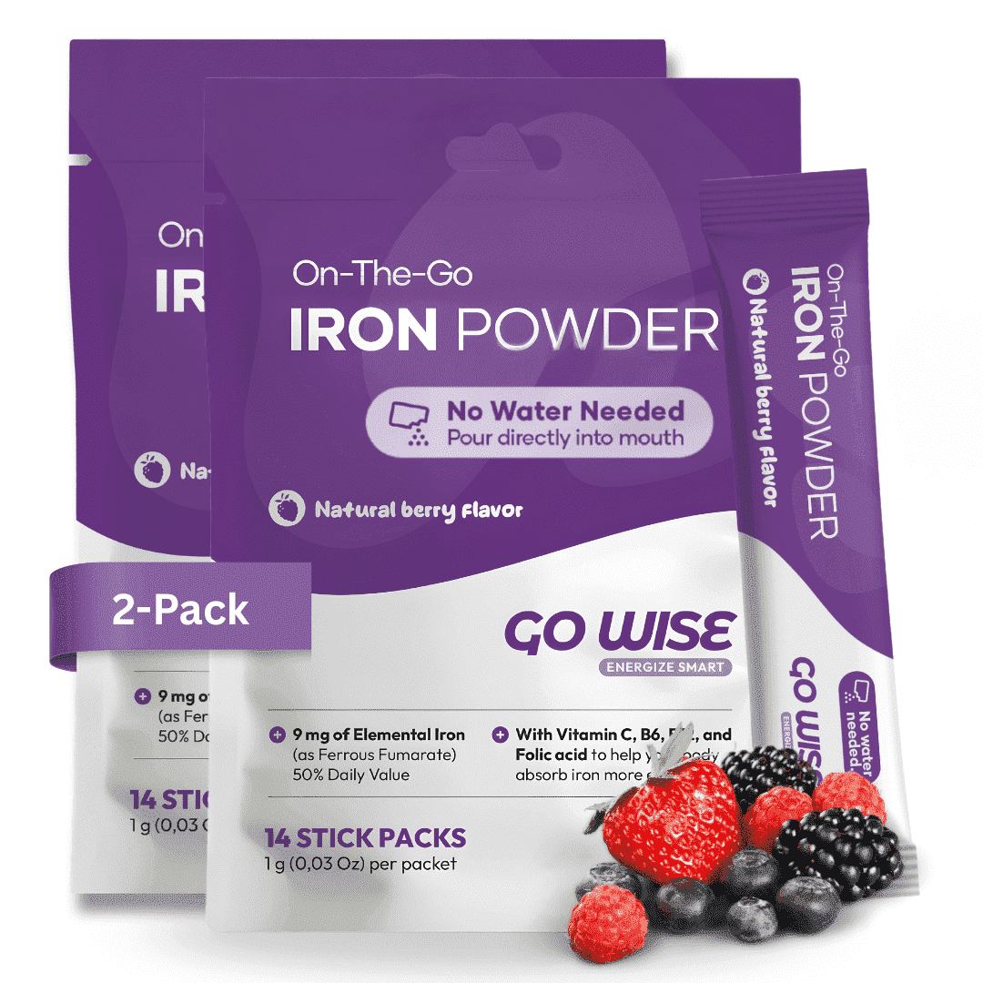 Go Wise Gentle Iron Supplement Powder for Women and Men with Vitamin C and Folic Acid, Vegan, No Water Needed, 14 Stick Packs, 0.62 oz