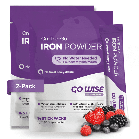 Go Wise Gentle Iron Supplement Powder for Women and Men with Vitamin C and Folic Acid, Vegan, No Water Needed, 14 Stick Packs, 0.62 oz