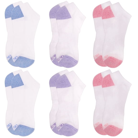 On the Go Women's Cushion Low Cut Socks (6 Pair Pack, White with Blue, Purple, Pink Heel & Toe Combo)