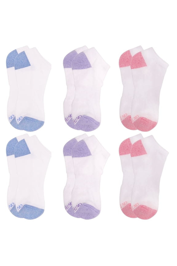 On the Go Women's Cushion Low Cut Socks (6 Pair Pack, White with Blue, Purple, Pink Heel & Toe Combo)