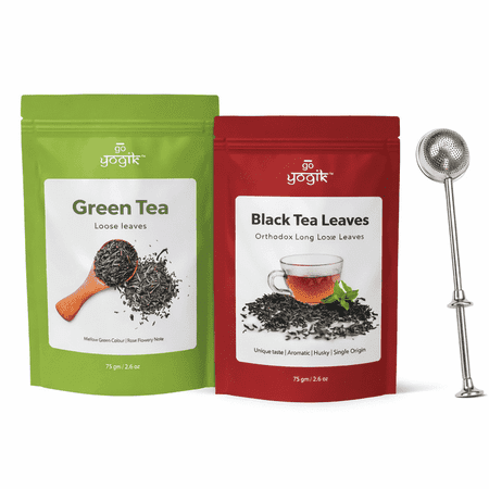 Go-Yogik Green Tea & Black Tea leaf loose [2 packets of 2.6 Oz each] with Tea Infuser| Premium, Single origin, organically grown