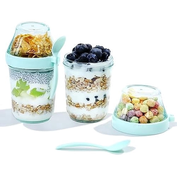 On the Go Yogurt Parfait Snack Cups with Lid, Reusable Acrylic Travel Jars for Chia Pudding, Portion Control Breakfast & Lunch Containers, Small Fridge Food Storage (2, Green)