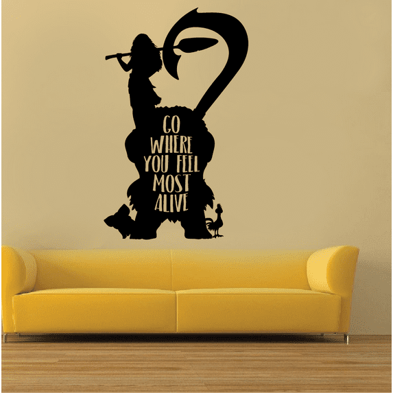 Go Where You Feel Most Alive Quote Moana Disney Princes Maui HeiHei Pua Silhouette Vinyl Wall Art Sticker Decal Home Kids Study Room Boys Girls Room Wall Décoration Design Wall Décor Size (10x6 inch)