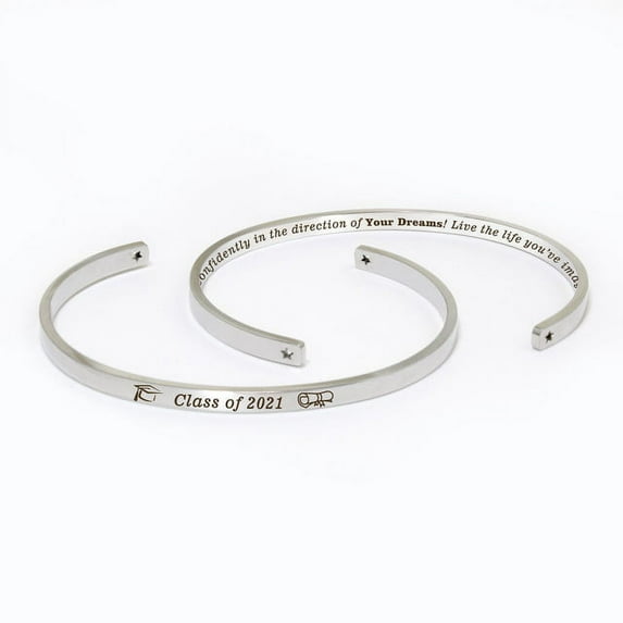 "Go confidently in the direction of…" Silver Stainless Steel Graduation Theme Hidden Message Gift for Her Cuff Bracelet with Gift Set